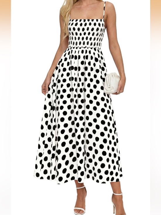 PrettyGarden Dresses & Skirts - #31 Pretty Garden Polka Dot Smocked Bodice Maxi Dress - Black & White